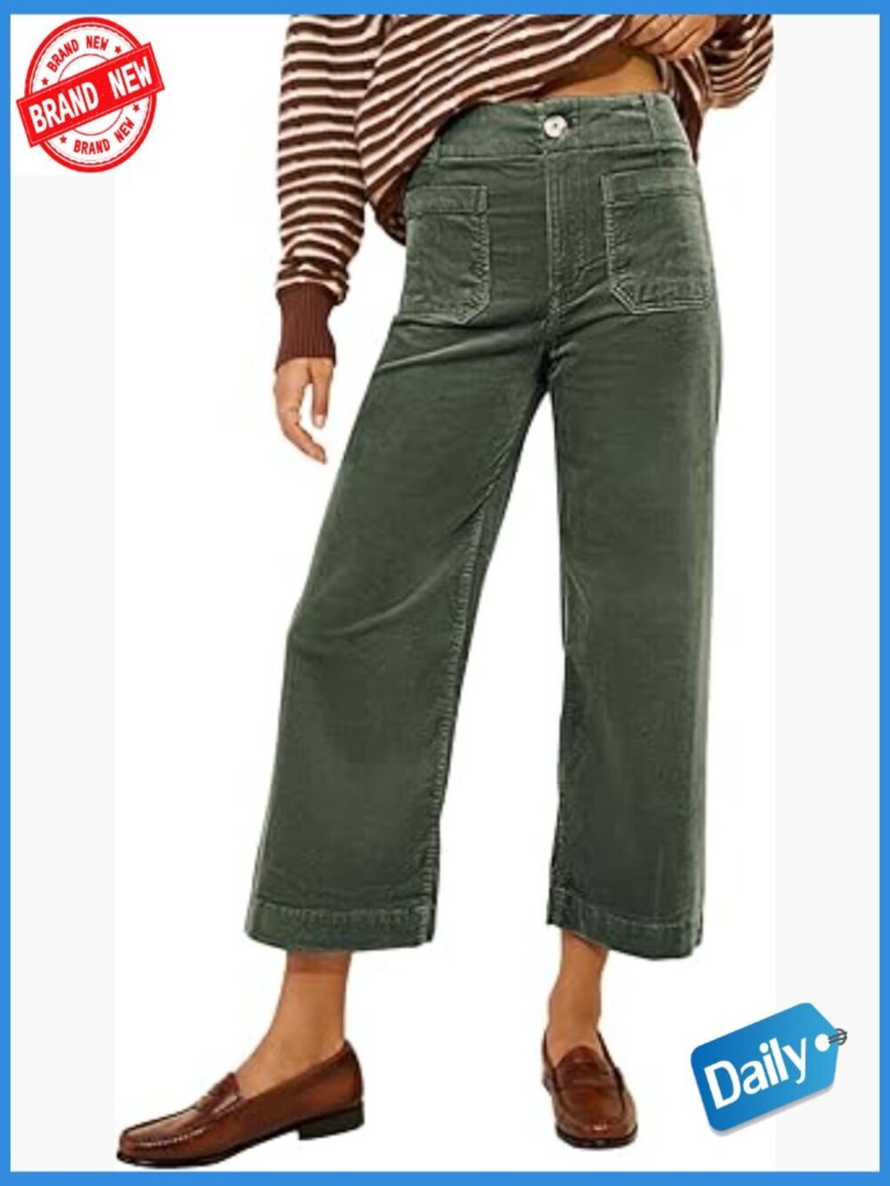 High Waisted Corduroy Pants with Pockets Ankle Length Wide Leg